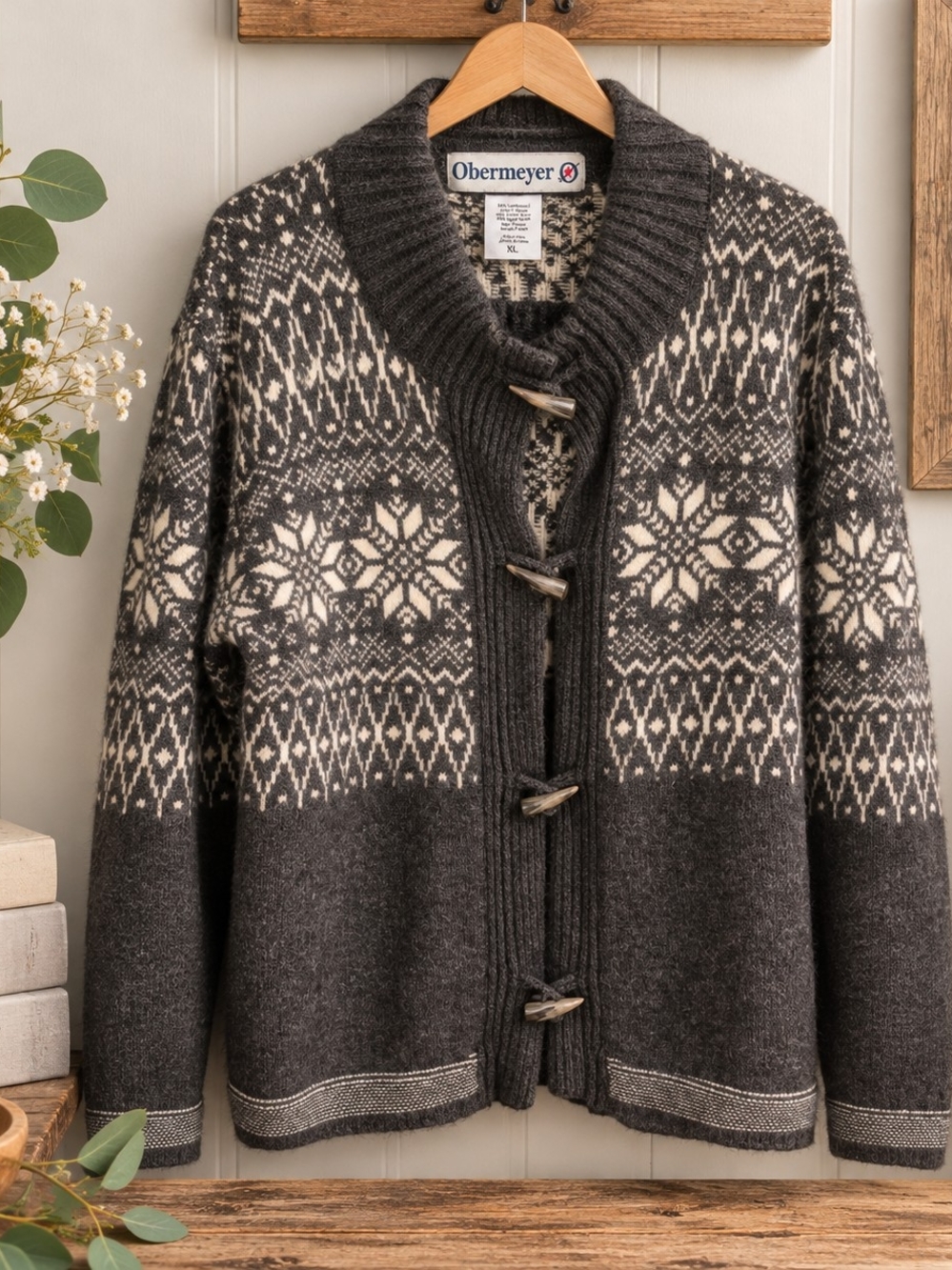 Obermeyer XL Lambswool Angora Fair Isle Toggle Cardigan Aprรจs Ski Nordic